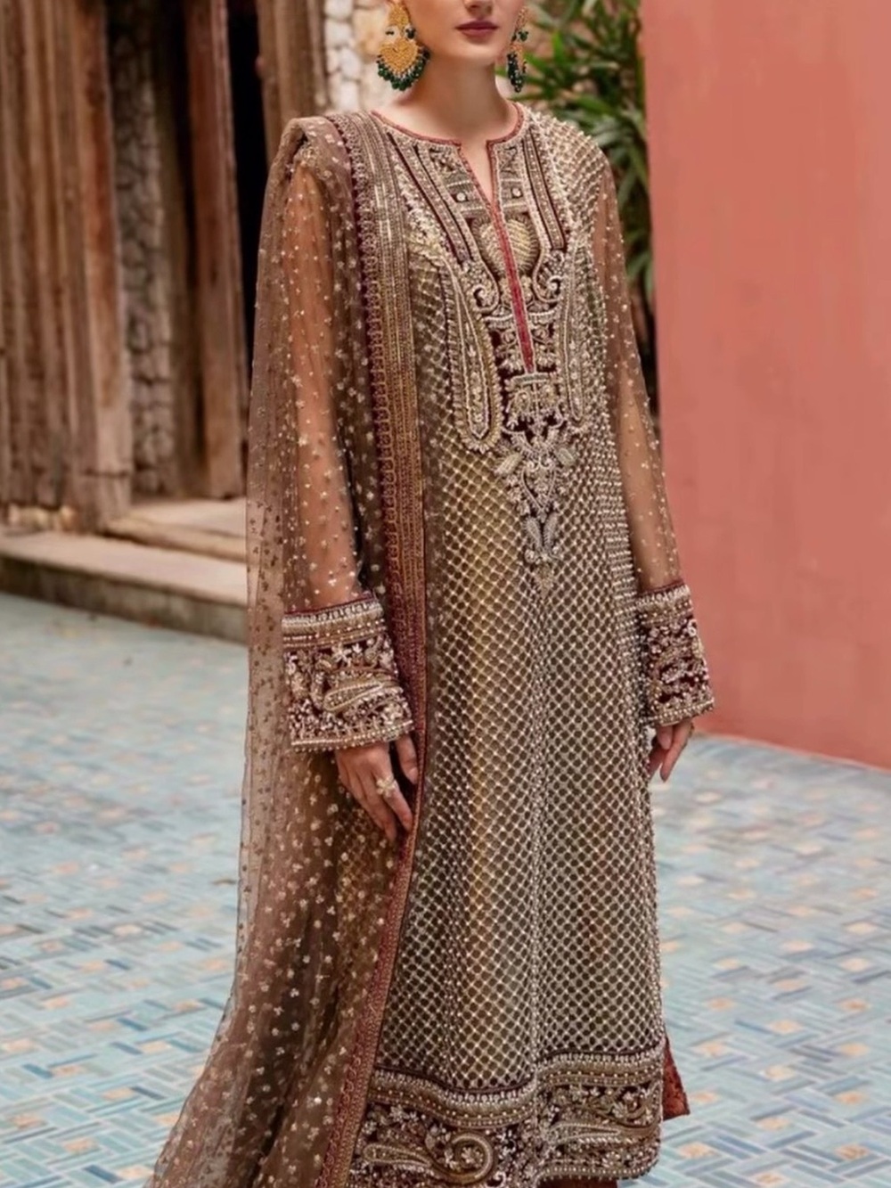 Embroidered Brown & Gold Long-Sleeve Formal Dress